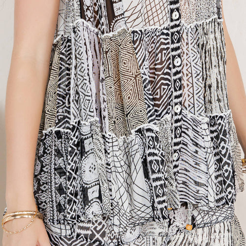 Young Threads - Boho Patchwork Set: Buttondown Top & Flared Pants