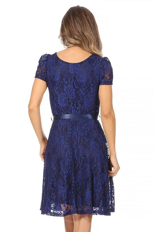 MOA COLLECTION - Women's Lace Short Sleeve A-Line Midi Dress