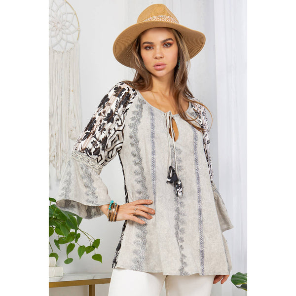 Young Threads - Embracing Western Spirit Embroidered Grey Peasant Top