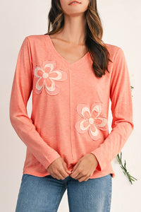 Fresh Salmon Floral Patched V Neck Long Sleeve Top