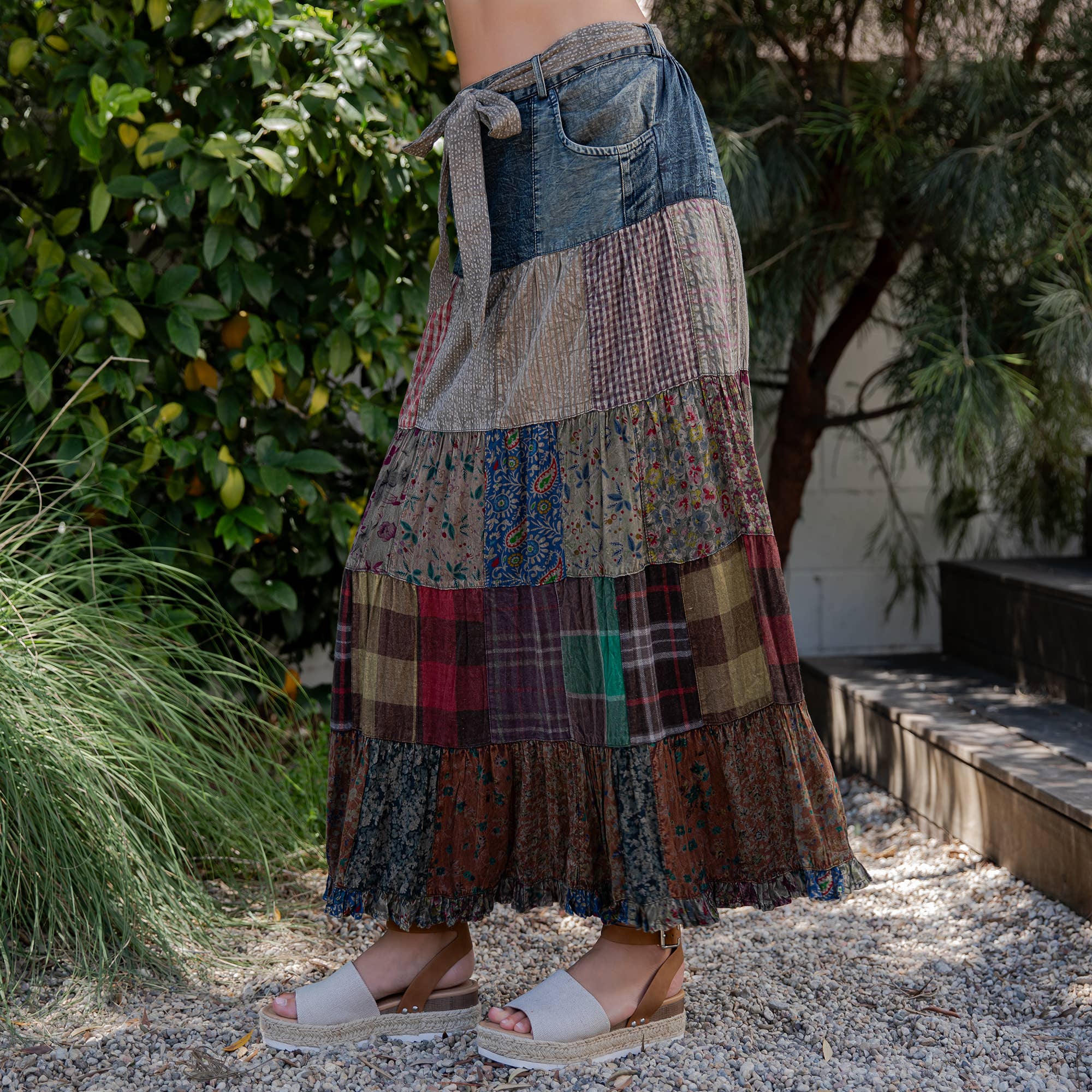 Young Threads - Western Boho Chic: Patchwork Belted Skirt  (New Color)