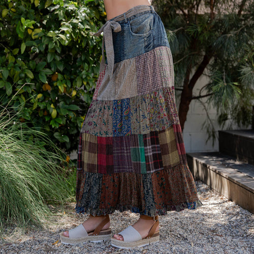 Young Threads - Western Boho Chic: Patchwork Belted Skirt  (New Color)