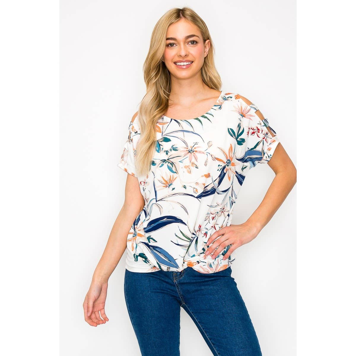 Perseption - Knot Front Cold Shoulder Short Sleeve Printed Top