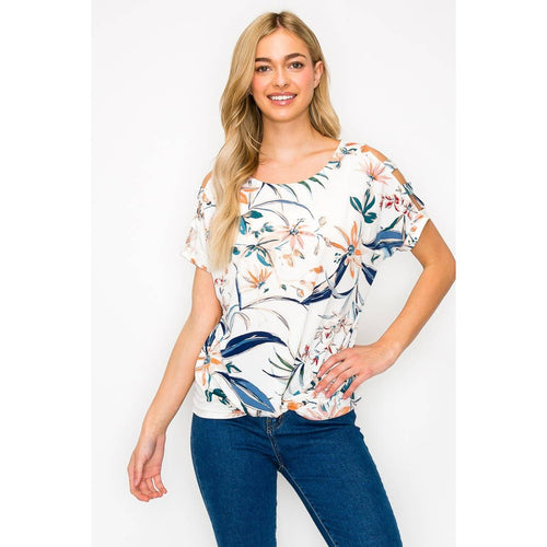 Perseption - Knot Front Cold Shoulder Short Sleeve Printed Top