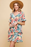 Shopin LA - .SD21025-1011 WOMEN FLORAL SHORT SLV MIDI DRESS WITH RUFFLE