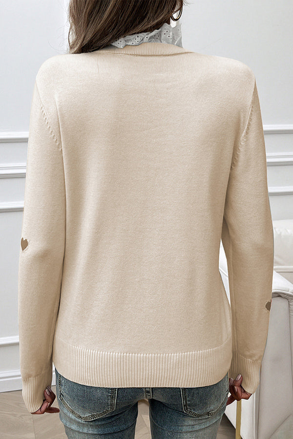 Beige Embroidered Heart Shaped Long Sleeved Sweater