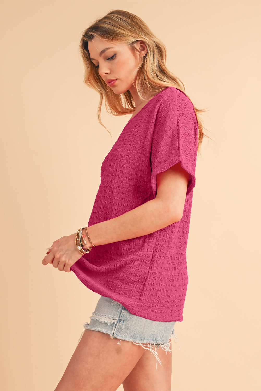 Bright Pink Textured Rolled Short Sleeve V Neck Blouse