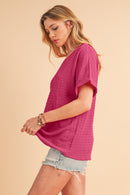 Bright Pink Textured Rolled Short Sleeve V Neck Blouse