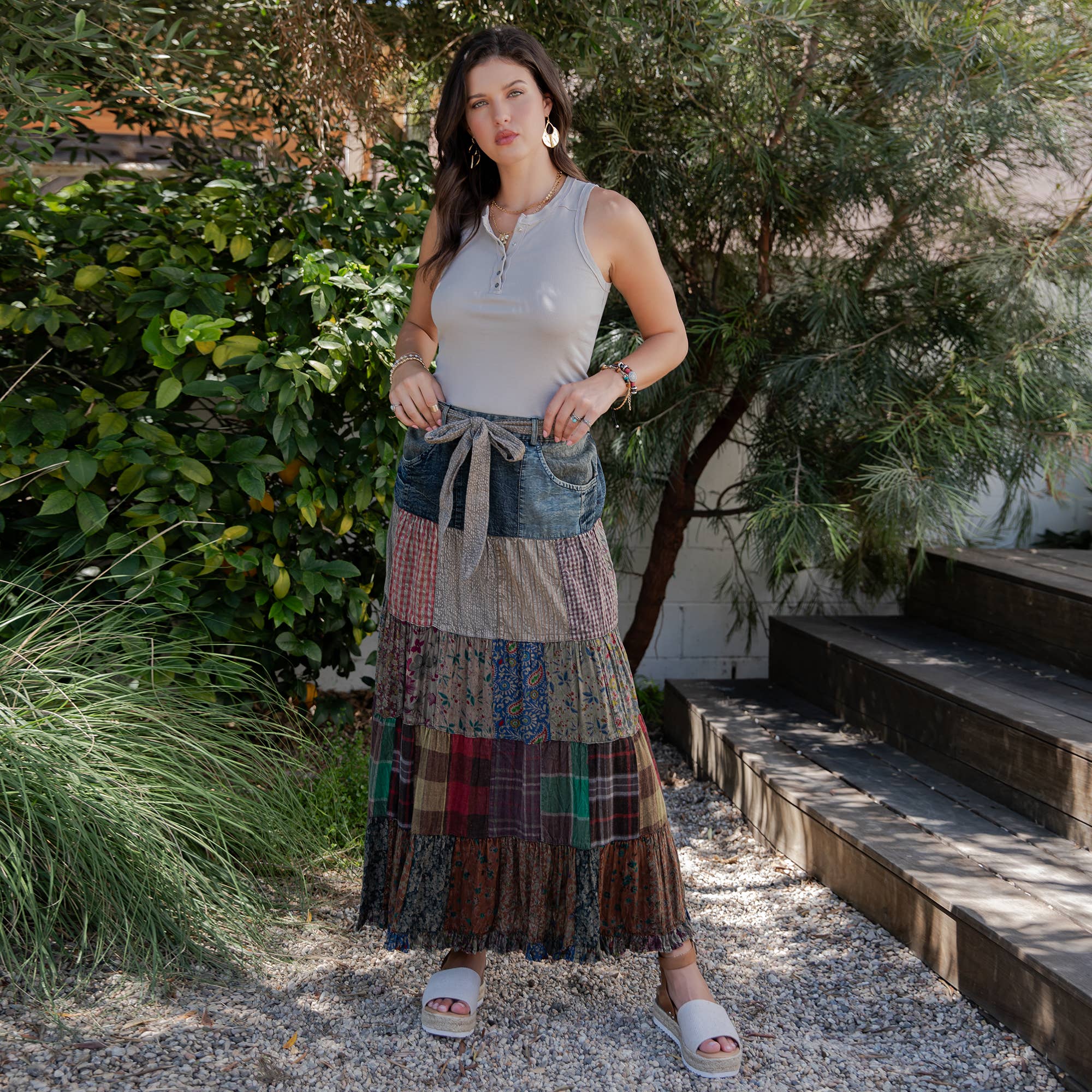 Young Threads - Western Boho Chic: Patchwork Belted Skirt  (New Color)