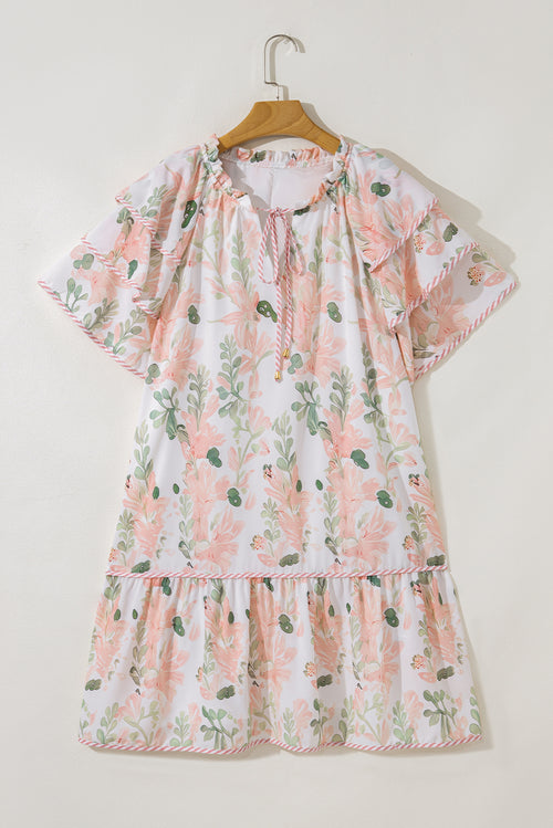 Pink Plus Size Floral Print Striped Detail Short Summer Dress