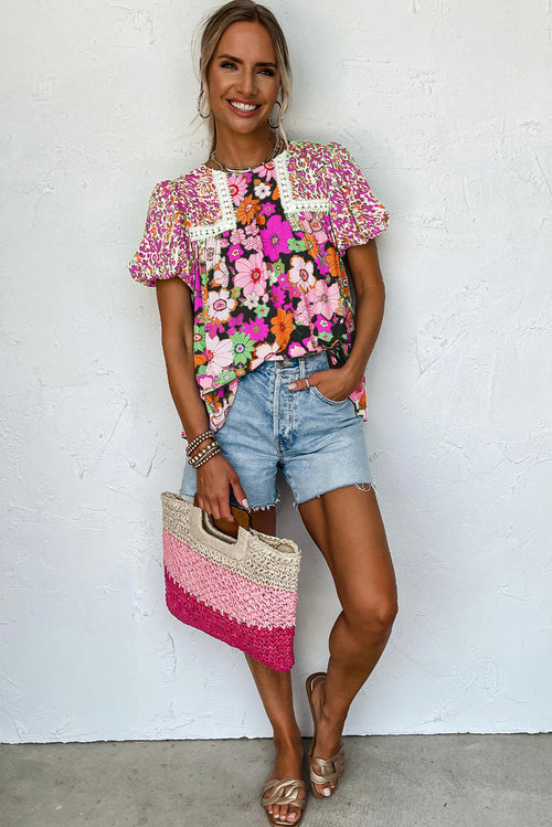 Rose Red Bubble Sleeve Lace Trim Floral Blouse