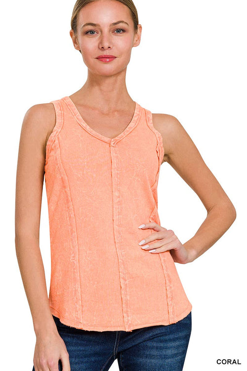 42POPS - `.SI-25350 Washed Raw Edge V Neck Sleeveless Top