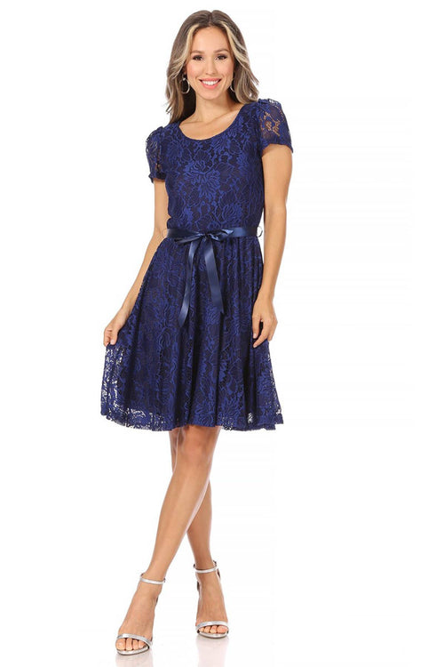MOA COLLECTION - Women's Lace Short Sleeve A-Line Midi Dress