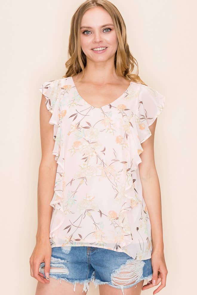 Shopin LA - SP2919T-0619 - WOMEN FLORAL PRINT RUFFLE BLOUSE
