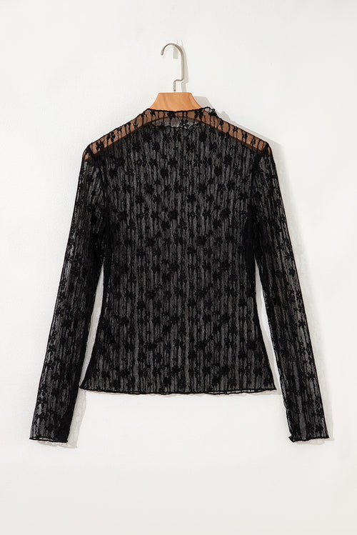 Black Sheer Floral Lace Long Sleeve Slim Fit Top