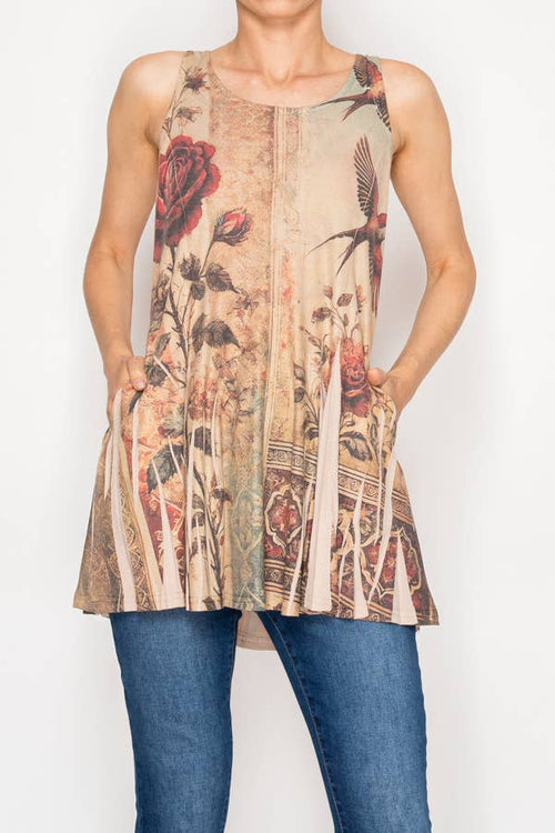 Origami Apparel ~  Lace and Crochet inspired - Soft Flowy Tunic Tank with Hidden Pockets - 501-T16TP-VINTAGE BI