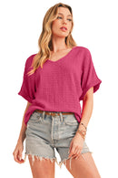Bright Pink Textured Rolled Short Sleeve V Neck Blouse