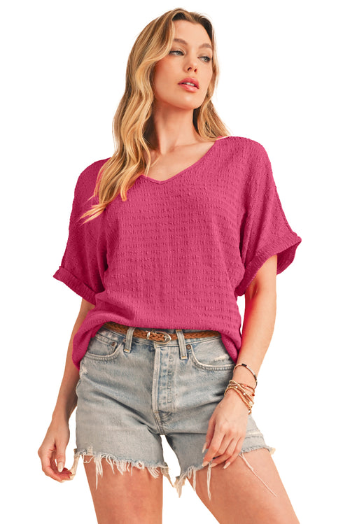 Bright Pink Textured Rolled Short Sleeve V Neck Blouse