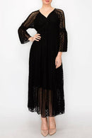 Origami Apparel ~  Lace and Crochet inspired - Romantic Lace Bell-Sleeved A-Line Midi Dress - 4658 BK
