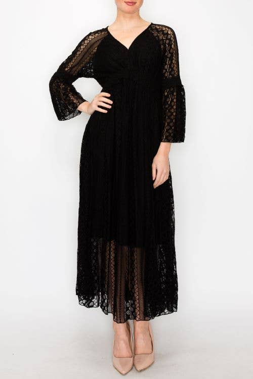 Origami Apparel ~  Lace and Crochet inspired - Romantic Lace Bell-Sleeved A-Line Midi Dress - 4658 BK