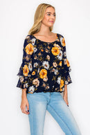 Perseption - Scoop Neck Double Ruffle Flounce Sleeve Blouse