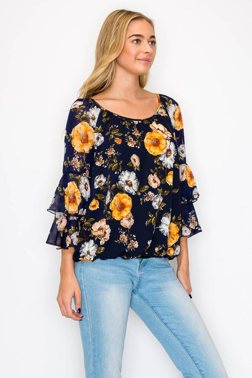 Perseption - Scoop Neck Double Ruffle Flounce Sleeve Blouse