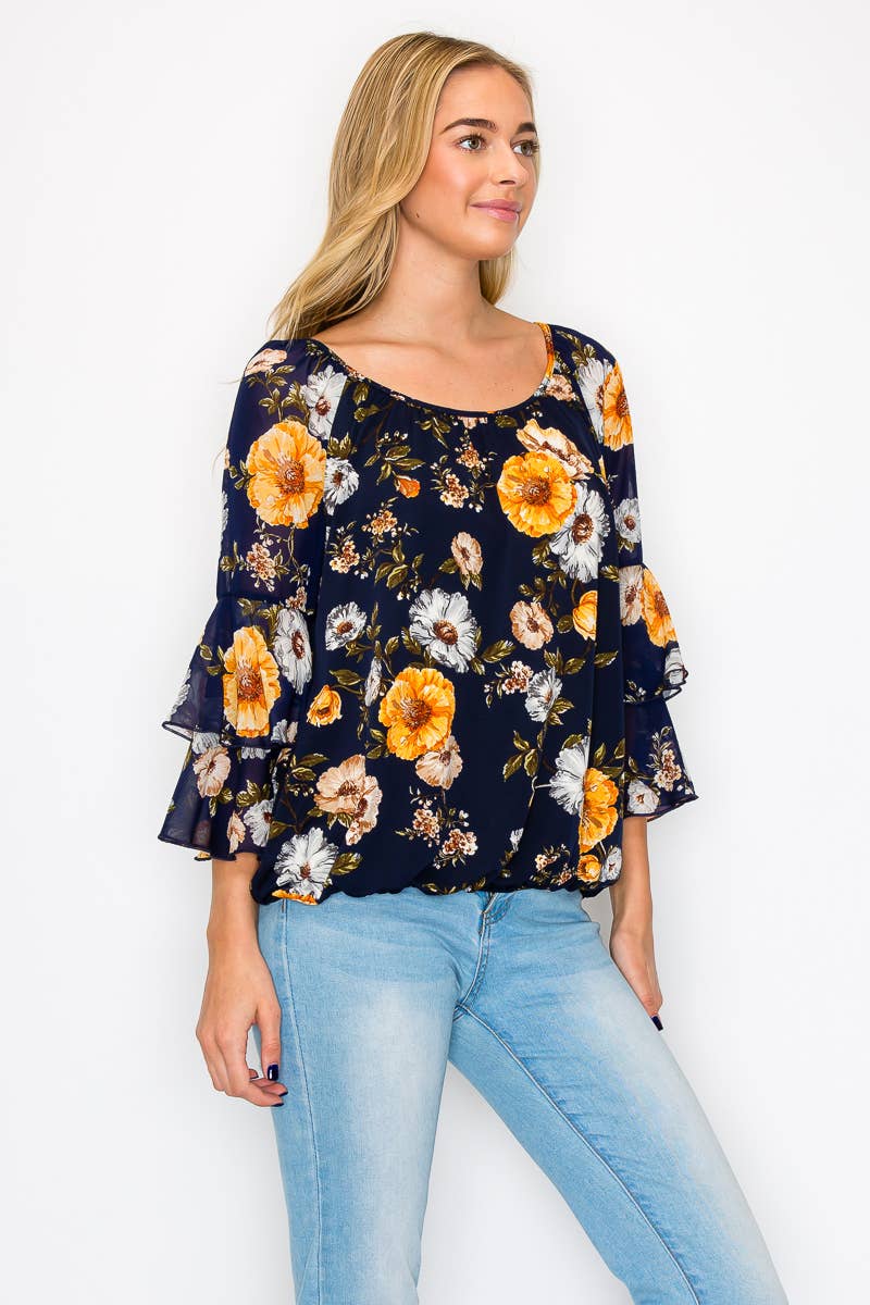 Perseption - Scoop Neck Double Ruffle Flounce Sleeve Blouse