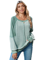 Orchid Petal Waffle Patchwork Raglan Sleeve Exposed Seam Sweatshirt