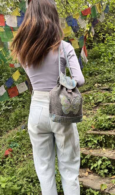 Earth Divas - Cotton Backpack With Embroidered Butterfly, Blue