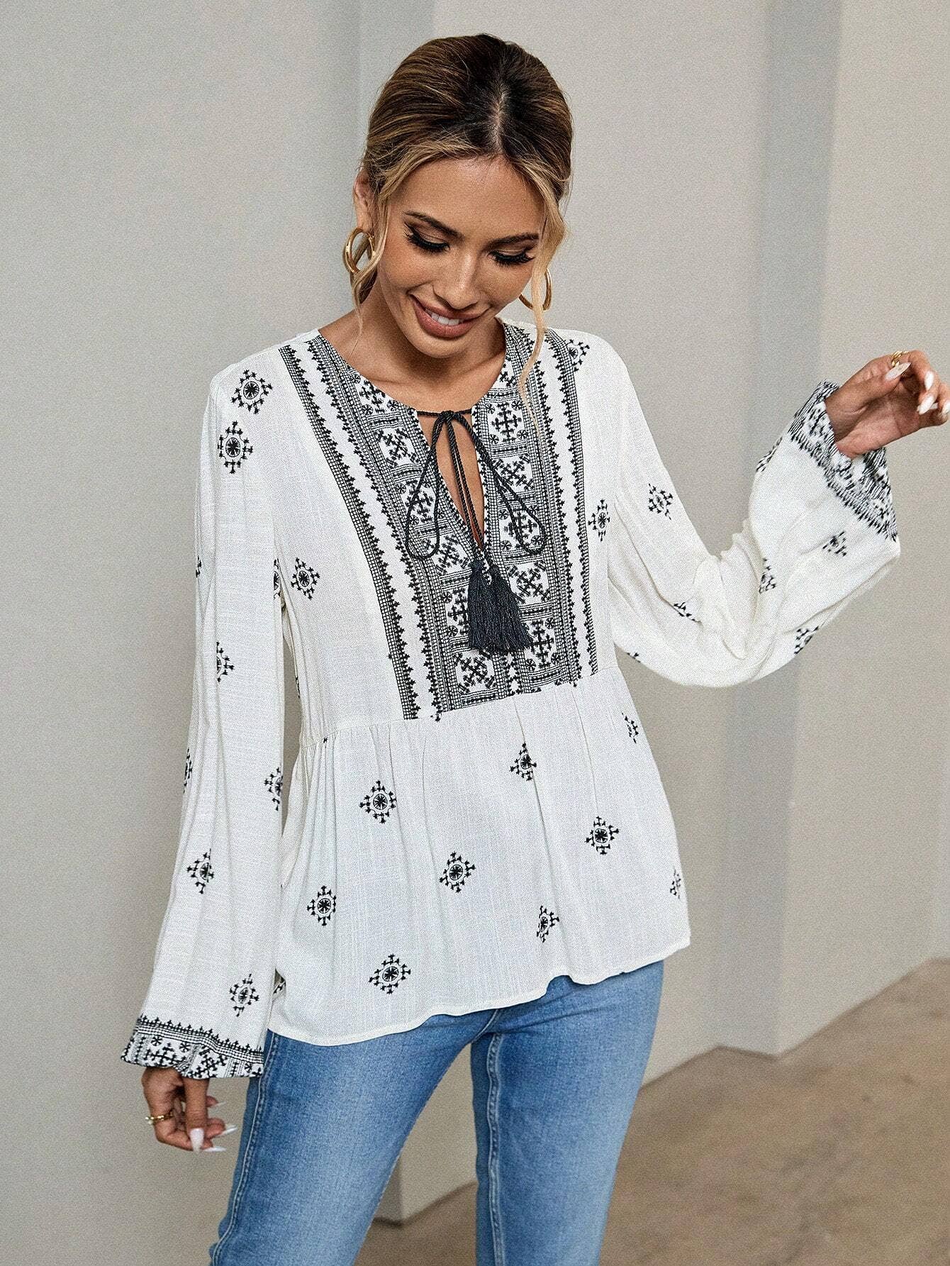Hope & Sunshine - Boho Lantern Sleeve Tie-Neck Blouse