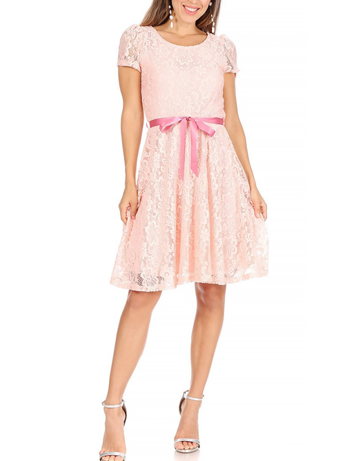 MOA COLLECTION - Women's Lace Short Sleeve A-Line Midi Dress