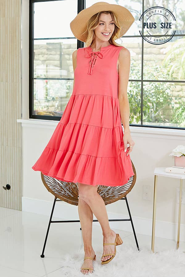 Shopin LA - SPD7008P  PLUS SOLID SLEEVELESS FRONT LACE TIERED DRESS