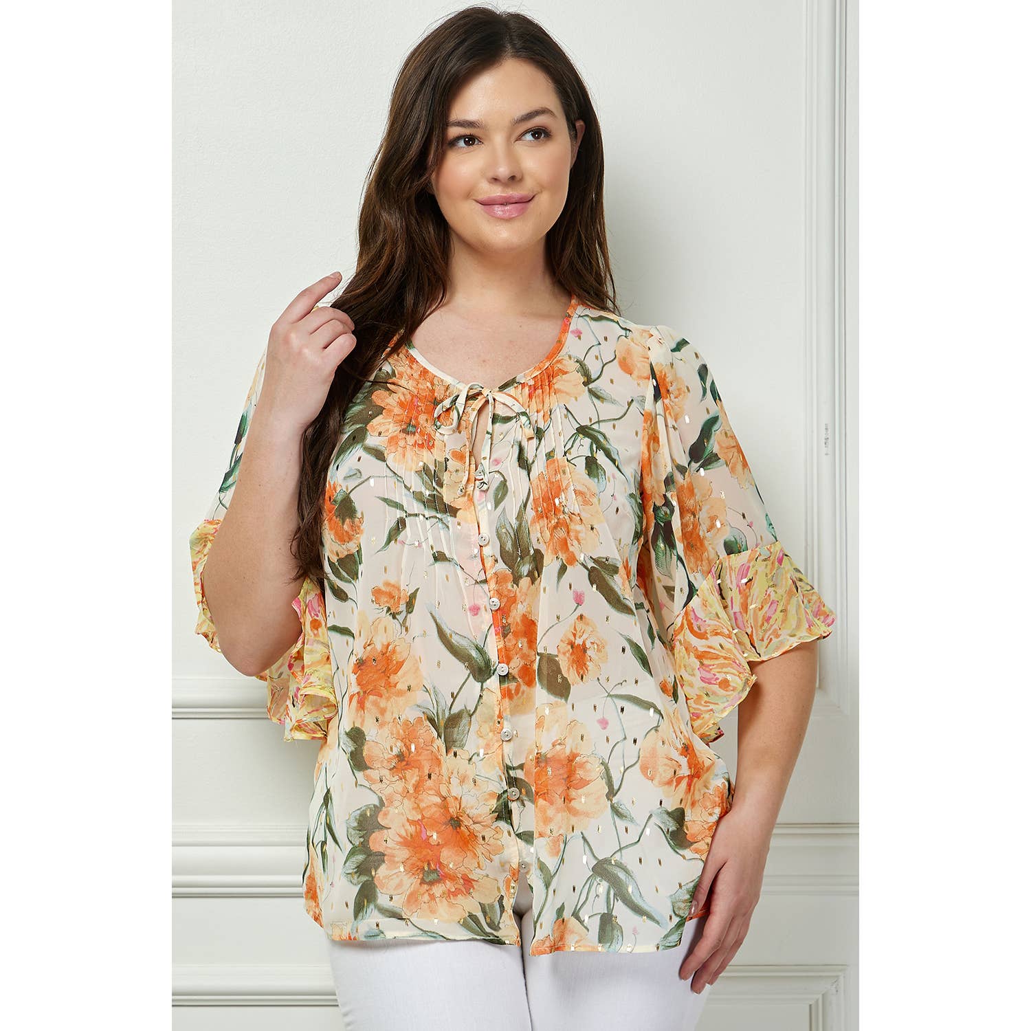 Winslow Collection - PLUS SIZE SHEER PRINTED PEASANT BLOUSE COU95L58X