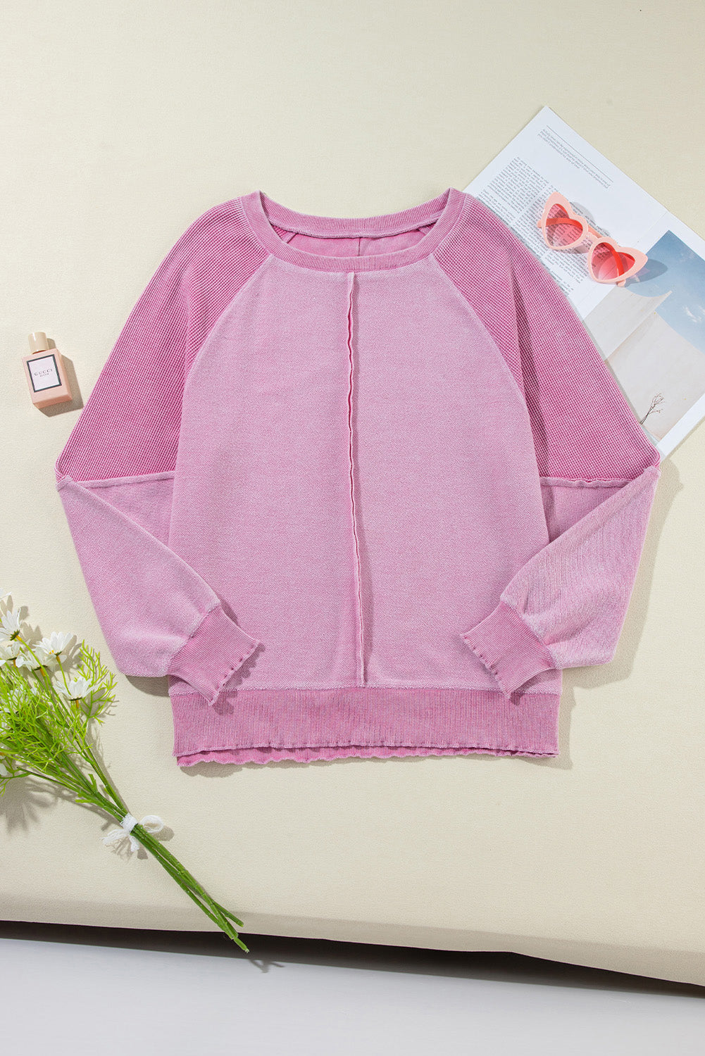 Orchid Petal Waffle Patchwork Raglan Sleeve Exposed Seam Sweatshirt