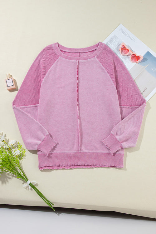 Orchid Petal Waffle Patchwork Raglan Sleeve Exposed Seam Sweatshirt