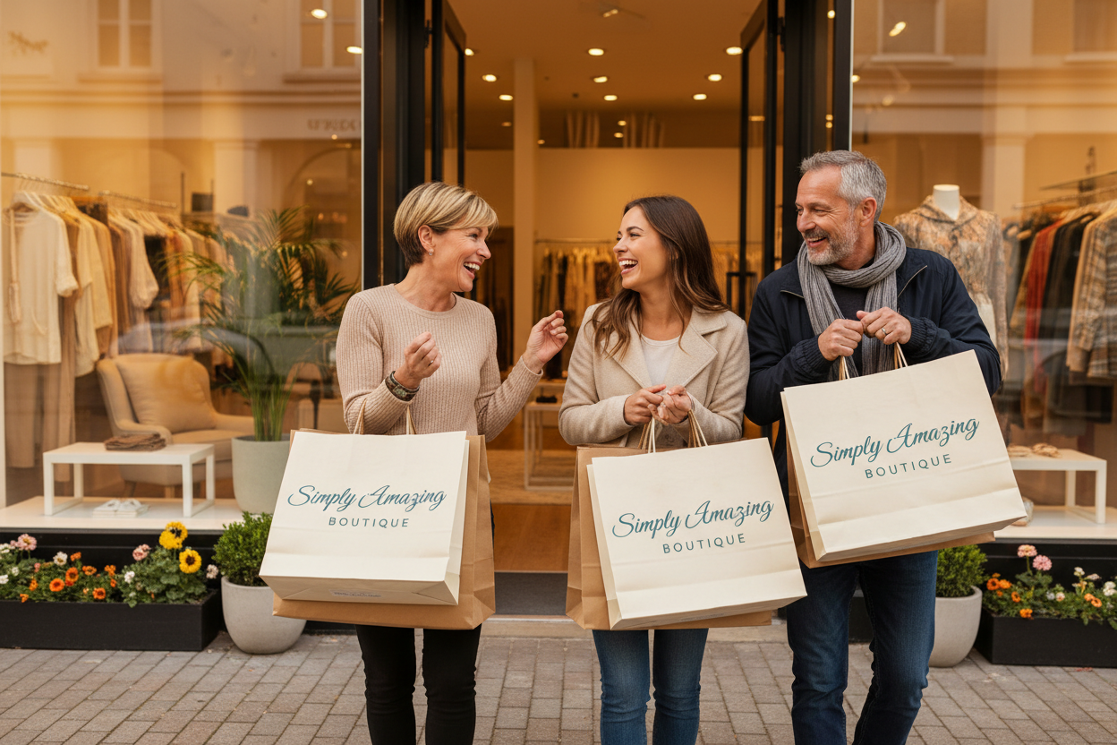 3 people leaving store happy with bags in hand that read; Simply Amazing Boutique