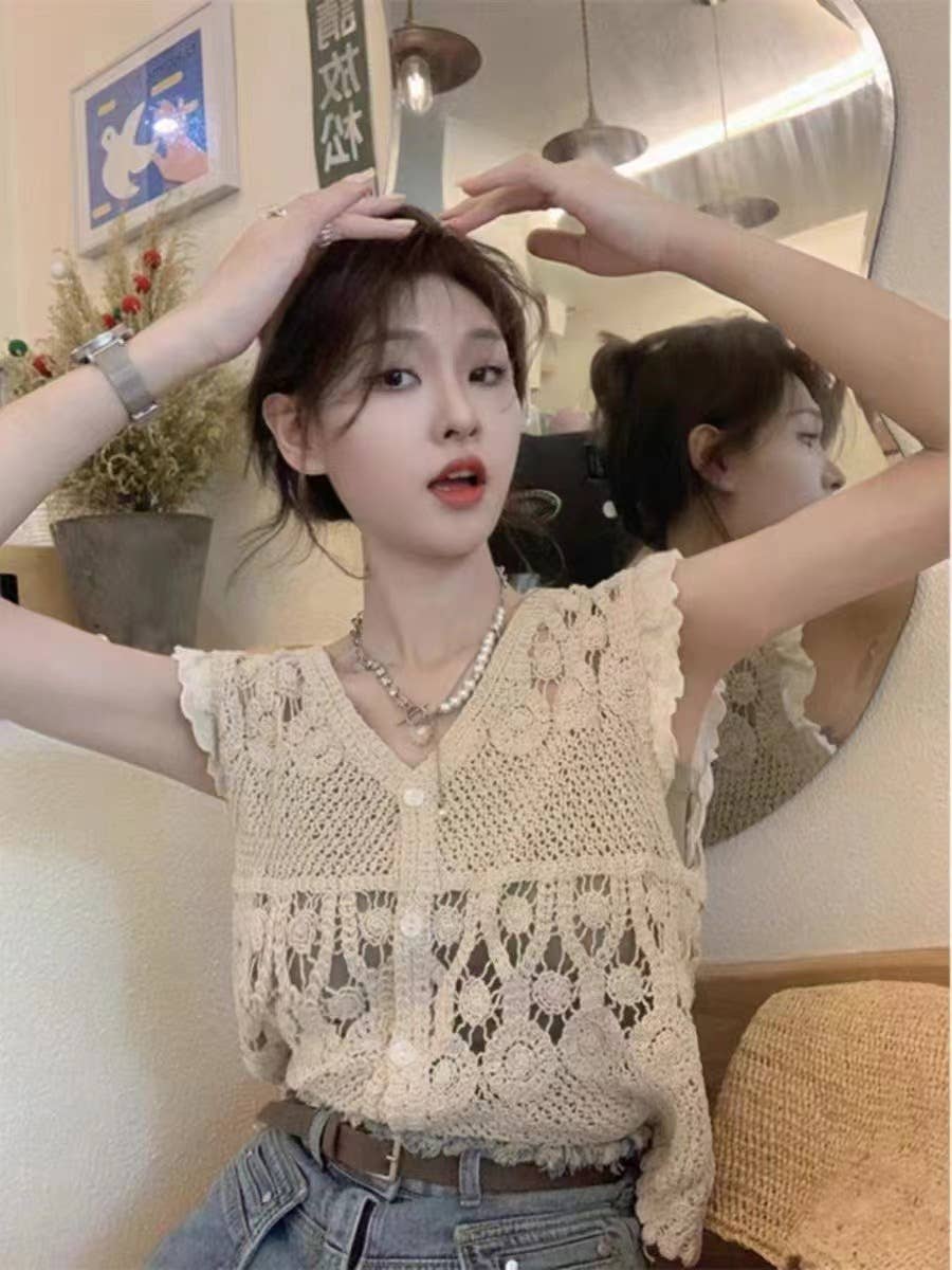 Hope & Sunshine - Crochet Lace-Up Open Knit Cardigan