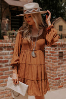 Brown Long Sleeve Smocked Tiered Boho Dress