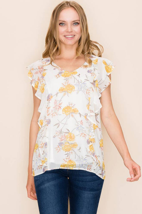 Shopin LA - SP2919T-0619 - WOMEN FLORAL PRINT RUFFLE BLOUSE