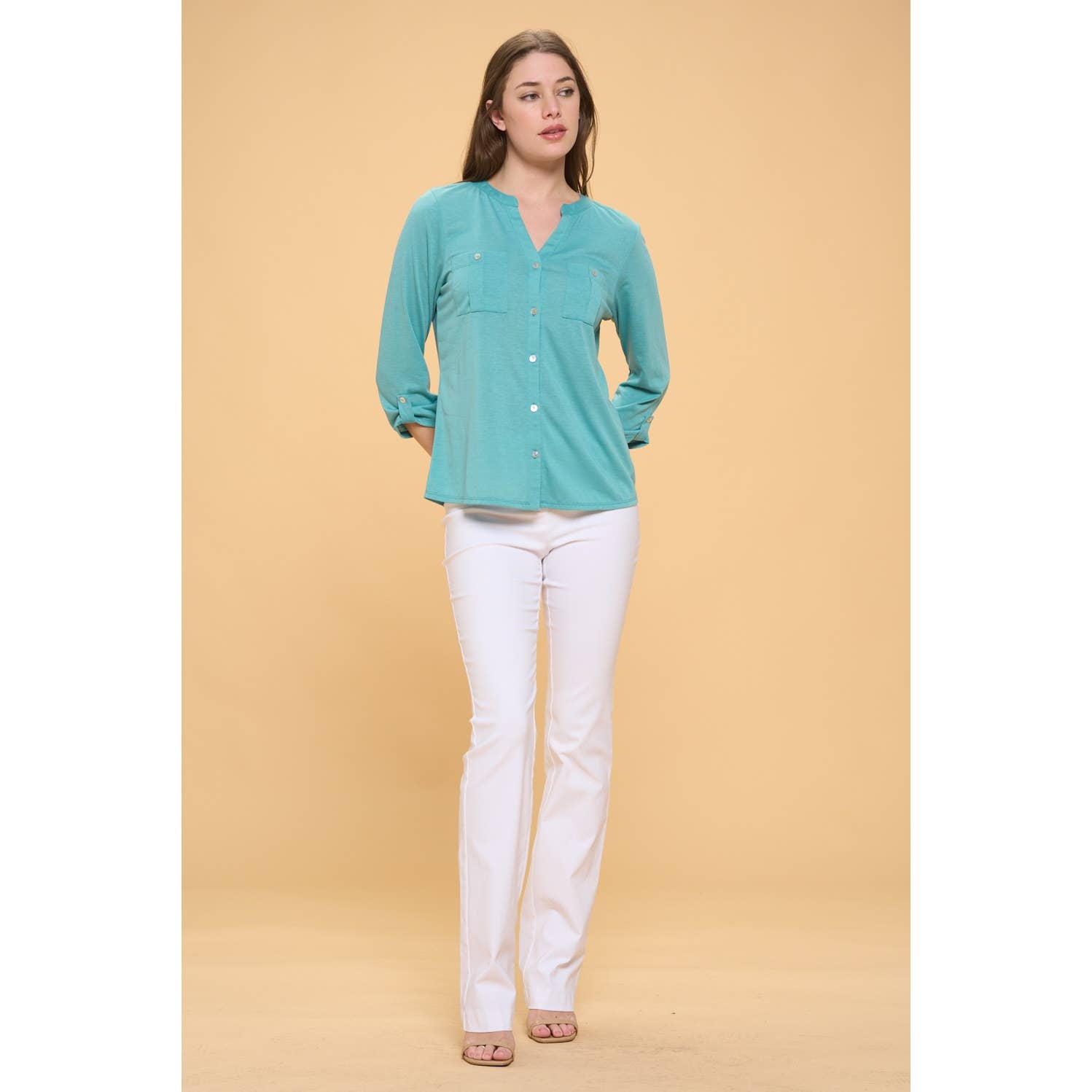Perseption - FULL PLACKET MANDERINE ROLL TAB SHELL BUTTON SHIRT