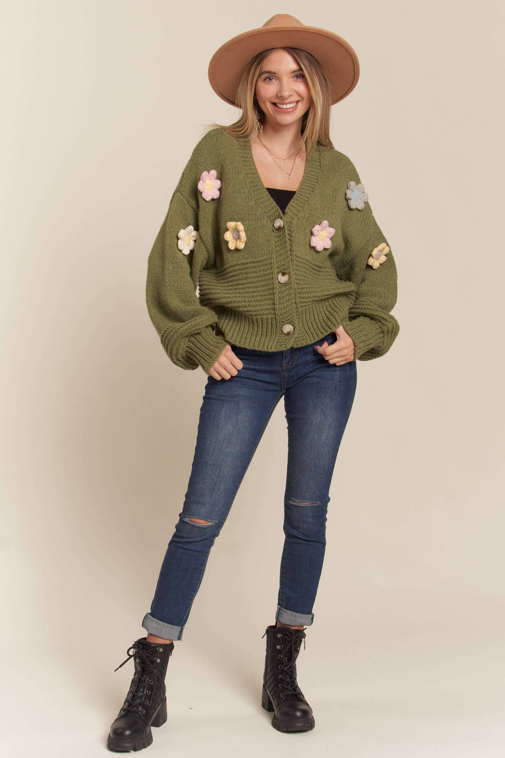 Madelyn - LESW2654- FLORAL PATCHED SWEATER CARDIGAN