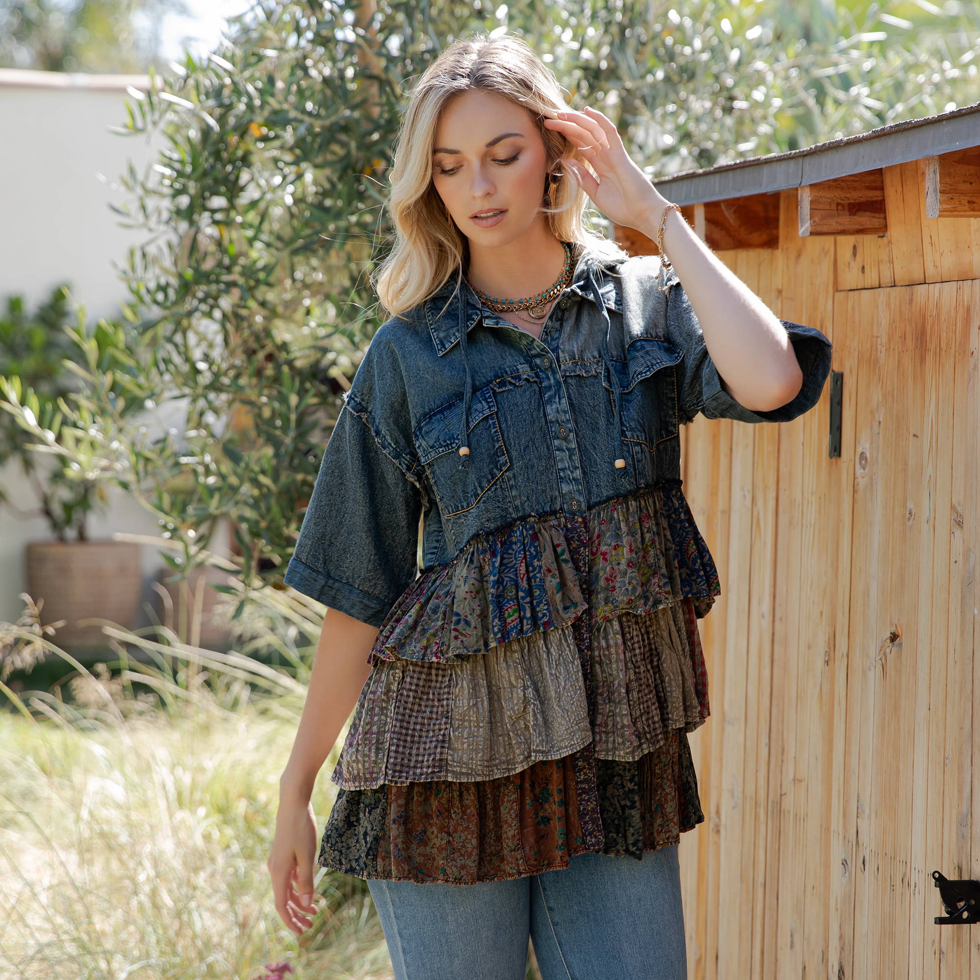 Young Threads - Front-Open Hooded Denim Shirt with Playful Mixed Ruffles