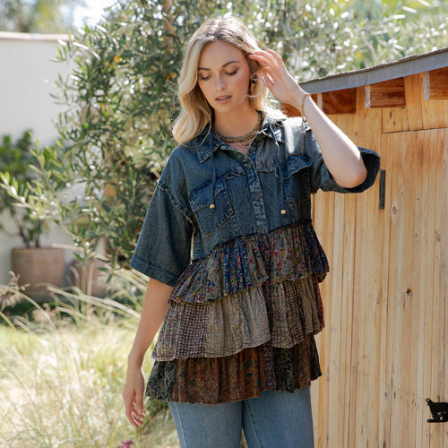 Young Threads - Front-Open Hooded Denim Shirt with Playful Mixed Ruffles