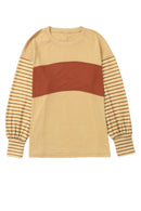 Khaki Colorblock Striped Bishop Sleeve Side Slits Top