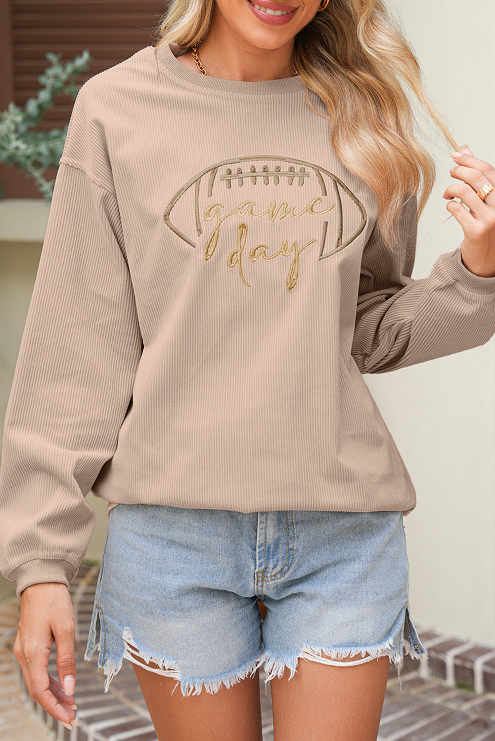 White Football Graphic Game Day Embroidered Corded Sweatshirt
