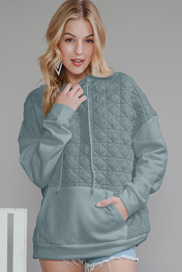 Beige Drop Shoulder Kangaroo Pocket Patchwork Quilted Hoodie