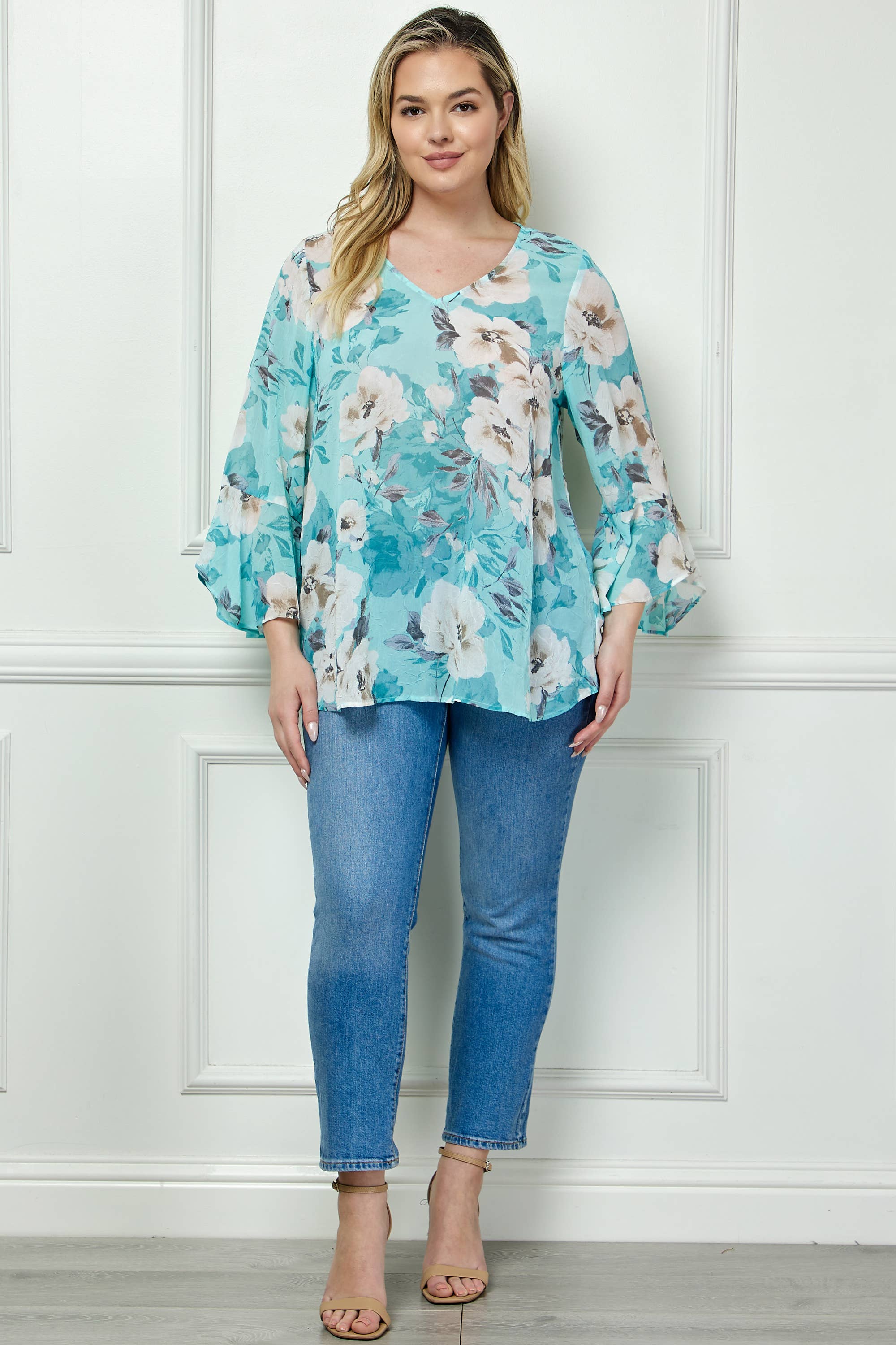 Winslow Collection - PLUS SIZE RUFFLE SLEEVE V-NECK SWING TOP