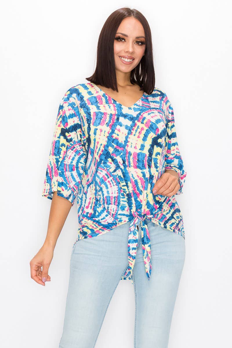 Shopin LA - ST21016-3984.  WOMEN TIE DYE 3/4 SLEEVE T-SHIRT w FRONT TIE