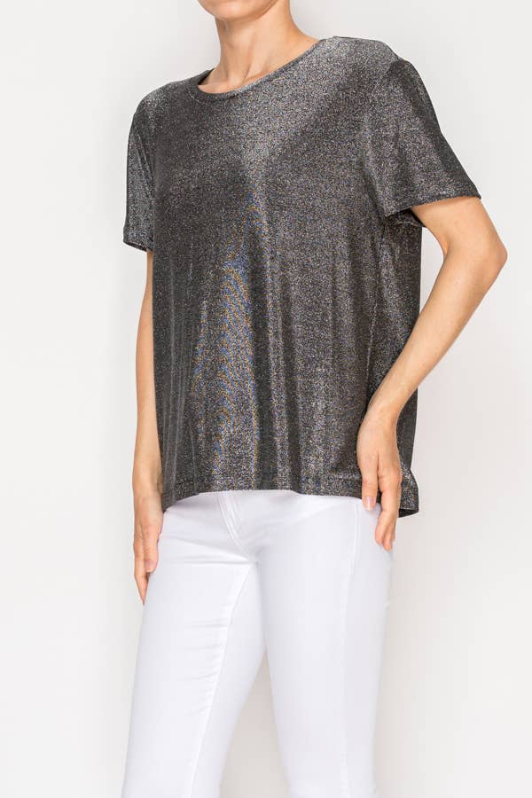 Origami Apparel ~  Lace and Crochet inspired - SUBTLY SPARKLY LUREX FABRIC SHORT SLEEVE TUNIC TOP4874BK-SIL