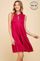 Shopin LA - SPD7008P  PLUS SOLID SLEEVELESS FRONT LACE TIERED DRESS